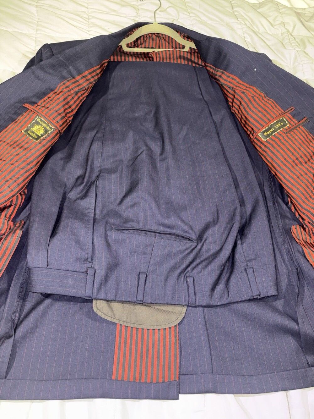 Oxxford Clothes Navy Pinstriped 2 Button Super 120 Suit Sz 43 R 38 W